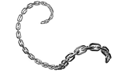 A winding silver chain gracefully curves against a dark backdrop, creating a captivating metallic swirl with its linked segments, transparent background