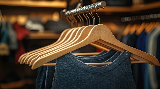 Wooden clothes hanger holding neatly arranged garments, promoting organization