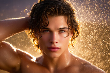Obraz premium Young man poses with hand in hair, water droplets falling around him, creating a serene and radiant atmosphere. Bright sunlight enhances his features in a natural setting