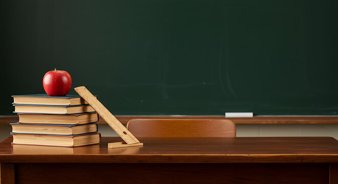 Back to school concept featuring an empty green chalkboard isolated with space for classroom learning