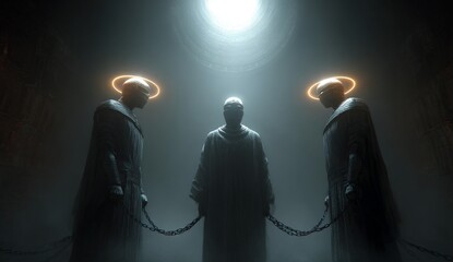 The anunaki with the children of god in chains in a dark sinister setting. group of deities from ancient Mesopotamian mythology, primarily known from Sumerian, Akkadian, Assyrian. Depicted as gods.
