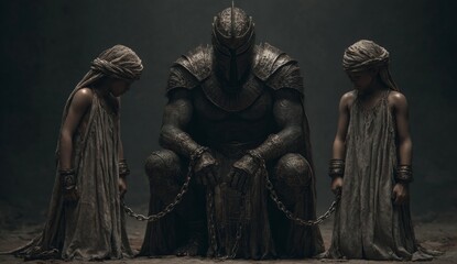 The anunaki with the children of god in chains in a dark sinister setting. group of deities from ancient Mesopotamian mythology, primarily known from Sumerian, Akkadian, Assyrian. Depicted as gods.