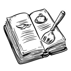 Illustration of open cookbook with leaf and cooking tools, vector icons in sketch food and drinks