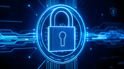 Glowing digital padlock protecting data flow in cyberspace