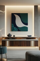 AI Generative. Modern Living Room Media Console with Abstract Art and Ambient Lighting. 2