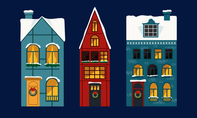 Colorful winter house illustrations with snow