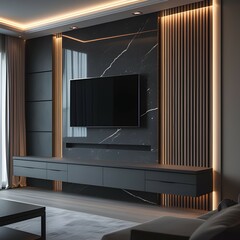 AI Generative. Modern Living Room with Black Marble Wall and Integrated Lighting. 6