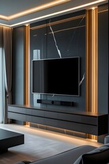 AI Generative. Modern Living Room with Black Marble Wall and Integrated Lighting. 2