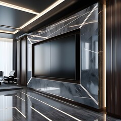 AI Generative. Modern Living Room with Black Marble Wall and Integrated Lighting. 4