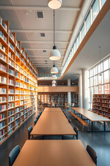 Modern library interior with wooden bookshelves and study tables