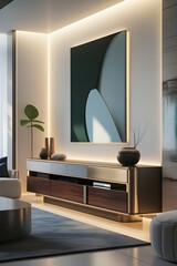 AI Generative. Modern Living Room Media Console with Abstract Art and Ambient Lighting. 1