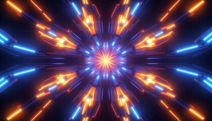 Naklejka premium Futuristic Abstract Design with Neon Circuitry Patterns and Symmetrical Shapes on Dark Background