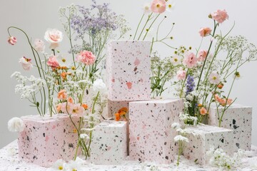 pastel pink and white terrazzo blocks with floral arrangement.