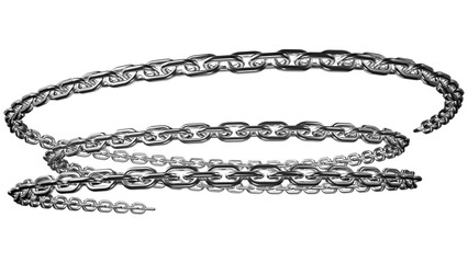 A glistening silver chain gracefully coils against a stark black backdrop, showcasing its intricate links and metallic sheen, perfect for graphic design projects, transparent background