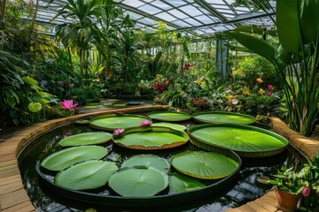 water lily pond in lush greenhouse with exotic plants and flowers.
