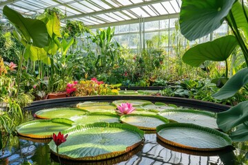 water lily pond in lush greenhouse with exotic plants and flowers.