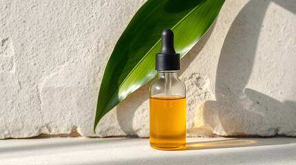 Transparent dropper bottle with pipette containing golden liquid stands near green leaf on white surface