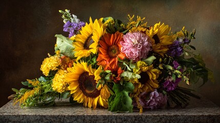 Garden bounty arrangement on stone table, sunflowers in the corner