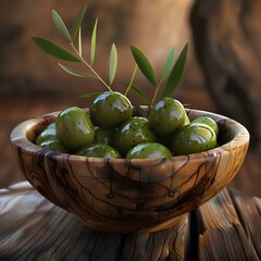 Shiny Green Olives with Leaves