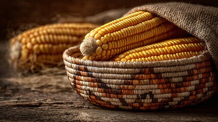 Harvested corn cobs beside handwoven basket