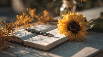 Sunflower resting on open journal with pen, soft sunlight