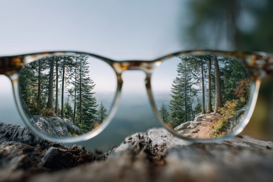 Scenic forest view framed by glasses atop a rocky surface with mountains in the background during a clear day