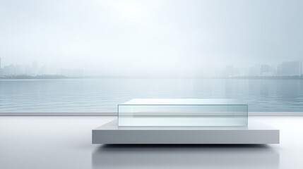 Minimalist glass display platform beside serene lake at dawn in urban landscape