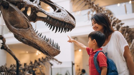 Family enjoys educational experience observing dinosaur skeleton at natural history museum