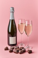 Romantic setting with champagne bottle, two glasses and heart chocolate candy on pastel pink background