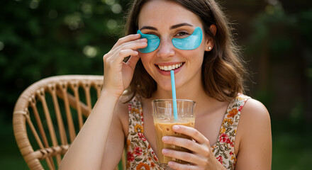 Beautiful young blond woman drinking water from a glass with a happy smile sitting outside.