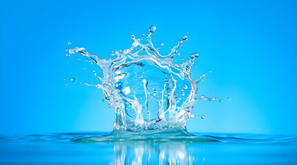 Crown-shaped water splash rising from a calm surface with blue background
