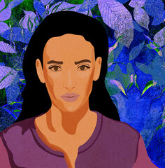 Ilustracja portret ciemnowłosej młodej kobiety na abstrakcyjnym tle.