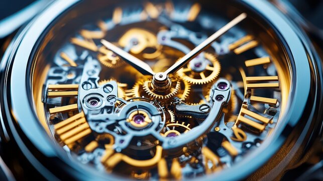 Close-up of a gold and silver skeleton watch mechanism, showcasing intricate gears and Roman numerals.
