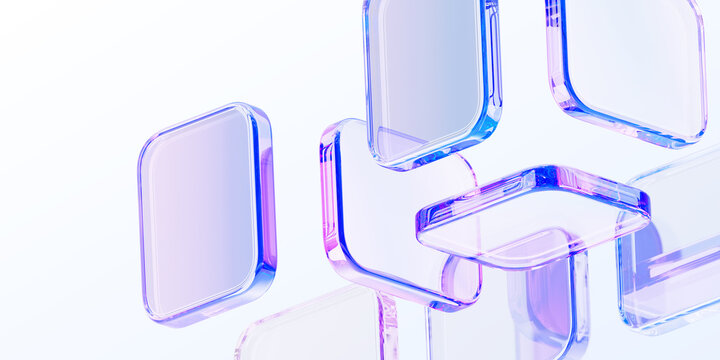 Pastel light 3d background with glass holographic transparent square plate shapes render. Abstract geometric block pattern with rainbow color gradient. Futuristic digital tech banner. 3D illustration