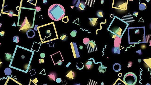 Animated Geometric Shapes Floating Against Black Background with Glowing Effects