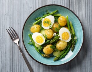 Potato sald with fresh herbs , eggs and green asparagus in a pale blue ceramic plate on gray wooden table. Generated image