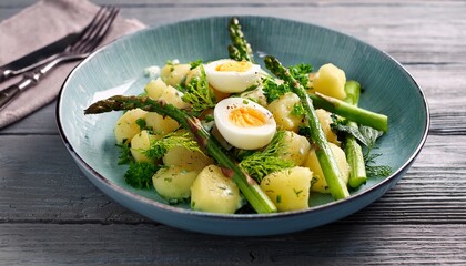 Potato sald with fresh herbs , eggs and green asparagus in a pale blue ceramic plate on gray wooden table. Generated image