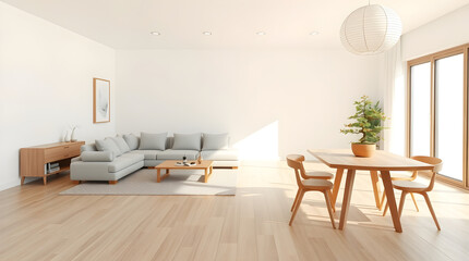 Modern minimalist interior design with wooden furniture and sofa illuminating by sunlight