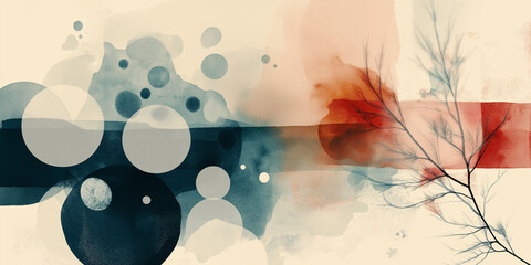Abstract watercolor art with tree branches and circular shapes
