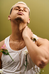 Elegant expression of youth and style in a floral-themed studio setting