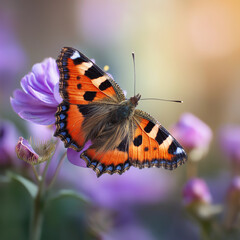 A beautiful tortoiseshell butterfly rests gently upon a purple flower in a natural garden setting,...