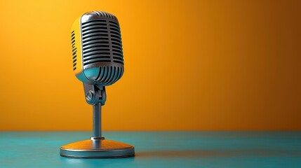 Retro microphone with podcast studio orange background.