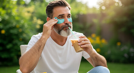 Man Enjoys Relaxing Self-Care Routine Outdoors with Eye Patches and Iced Coffee