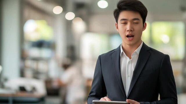 Young Asian businessman explaining company development strategy in modern office interior with warm lighting, neutral tones, and blurred background &mdash; video for corporate presentations, financial