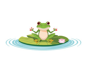Cute Green Frog Waving on Small Lilypad