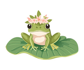 Cute Green Frog Sitting on Lilypad with Crown