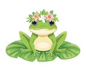 Cute Green Frog Wearing a Pink Flower Crown