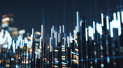 Night city skyline overlaid with financial data.