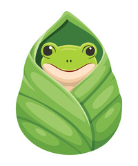 Cute Green Frog Wrapped Comfortably in Leaf
