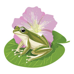 Green Frog Sitting On A Large Purple Flower